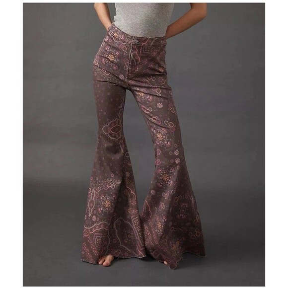 FREE PEOPLE just float on flare Jeans Brown Multicolor Women’s Sz 30 Boho Preppy - Picture 1 of 9